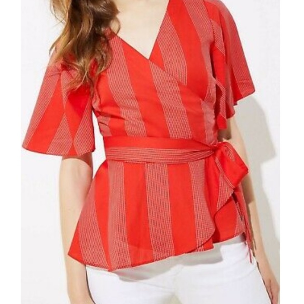 LOFT Red and White Peplum Hem Wrap Top S